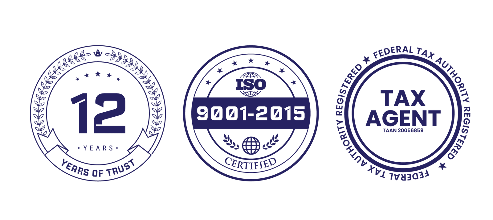 12 years of trusted service badge, ISO 9001:2015 certified quality management badge, and Federal Tax Authority registered tax agent certification.